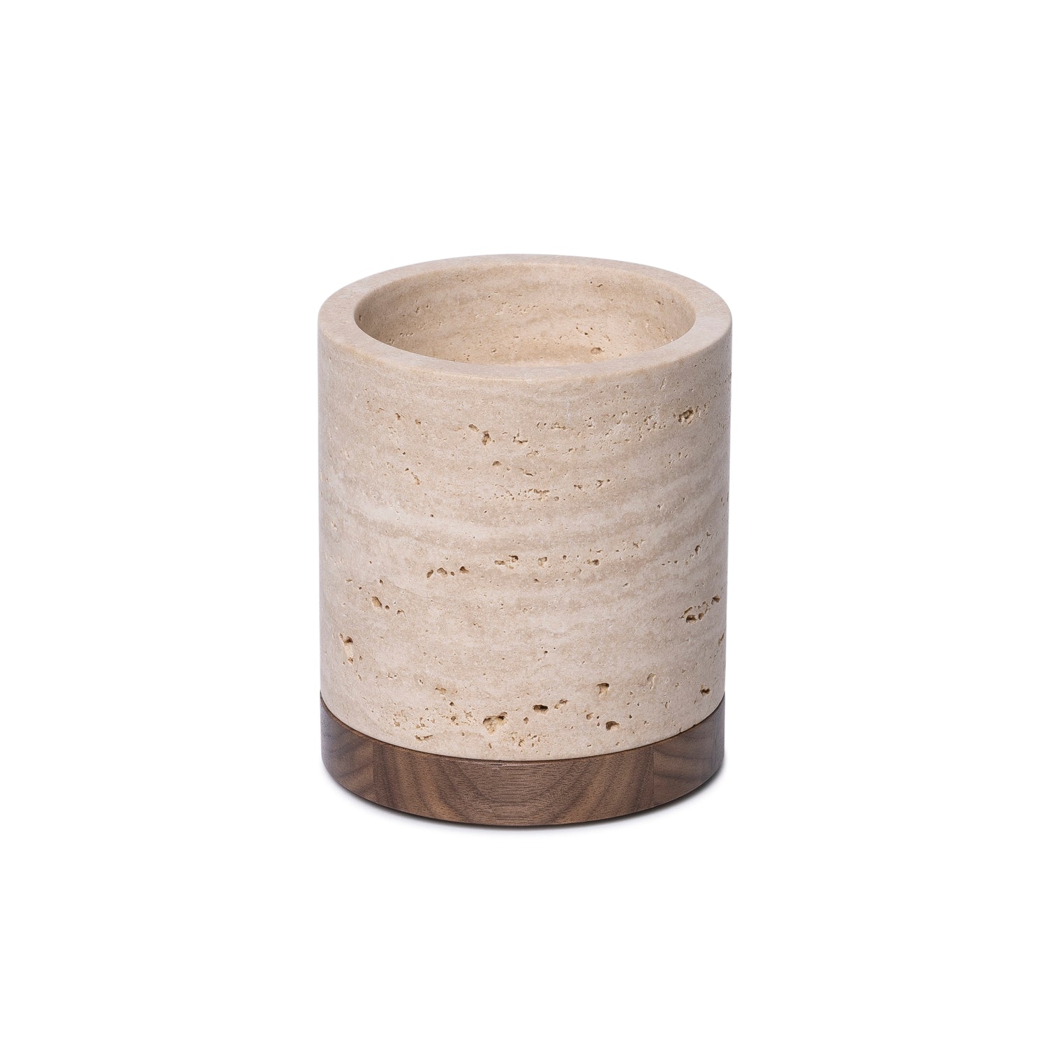 Travertine kaarshouder L Ø9,5x9cm incl. hout plateau