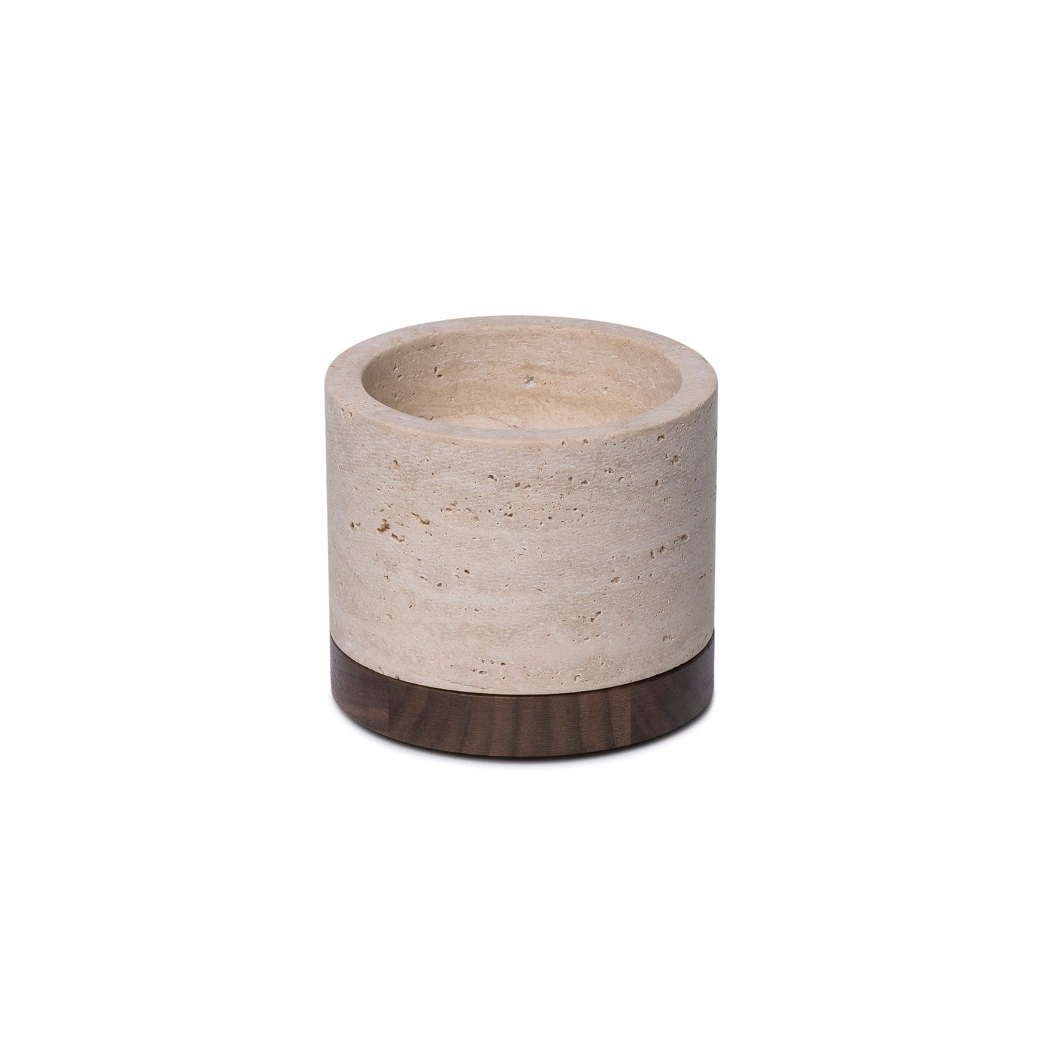 Travertine kaarshouder M Ø9,5x6,5cm incl. hout plateau