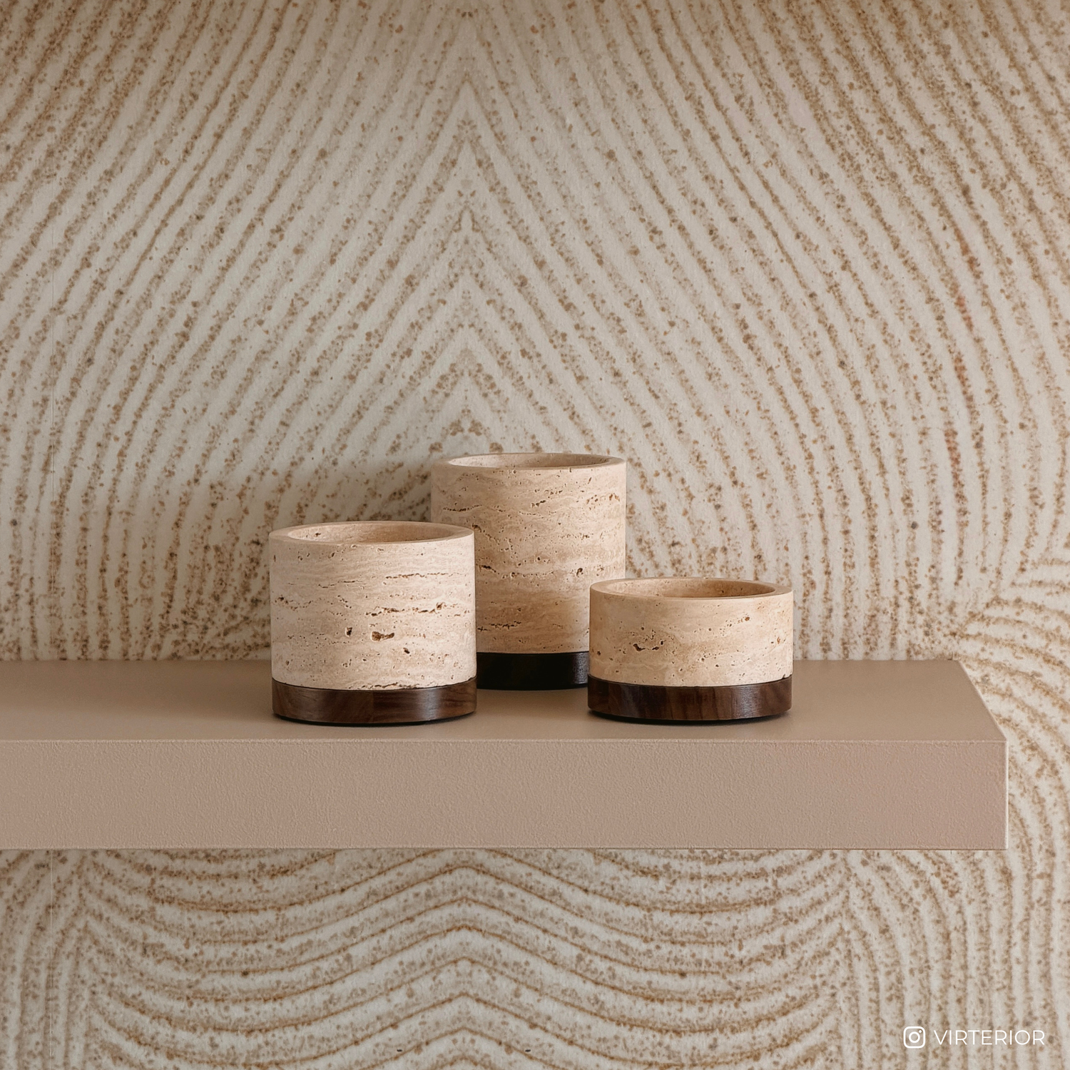 Travertine kaarshouder M Ø9,5x6,5cm incl. hout plateau