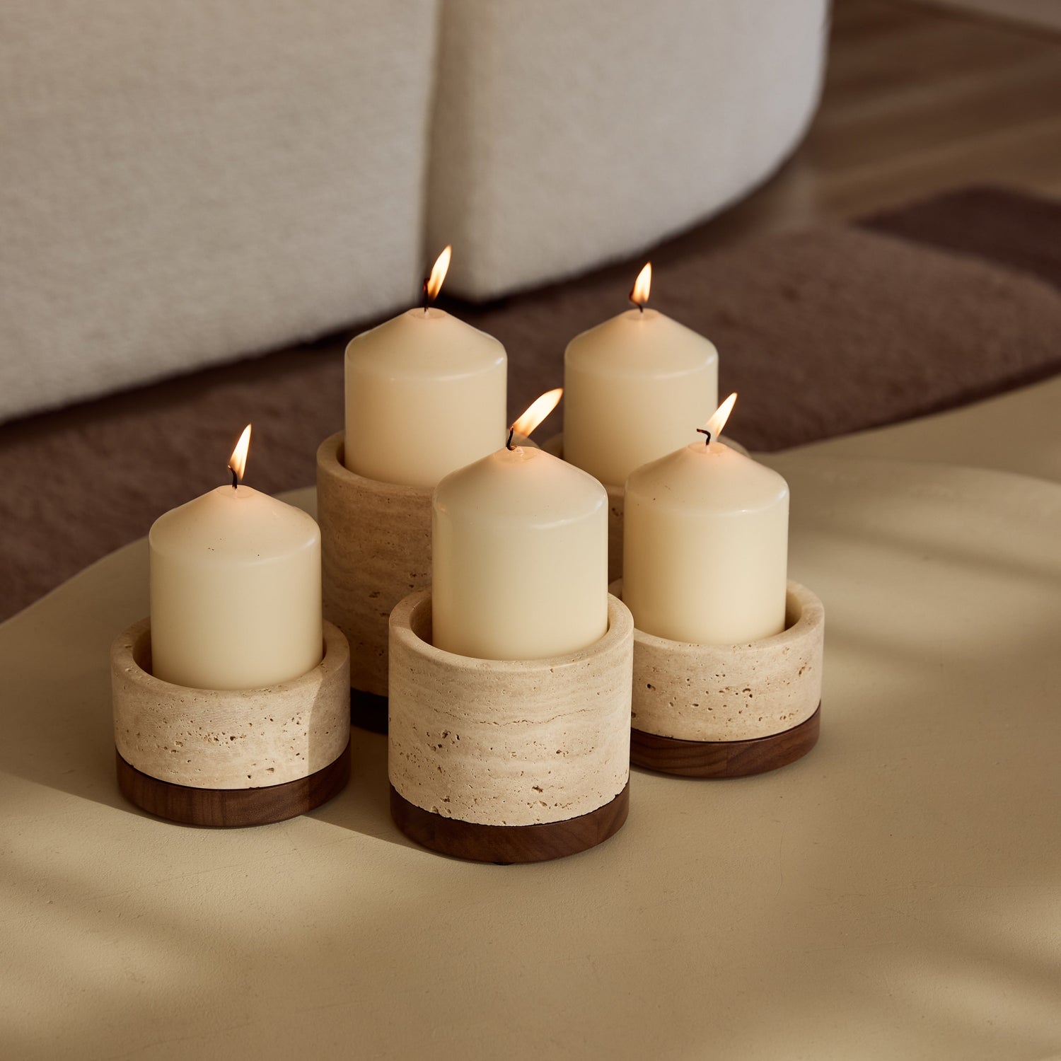 Travertine candle holder S Ø9.5x4cm including wooden plateau