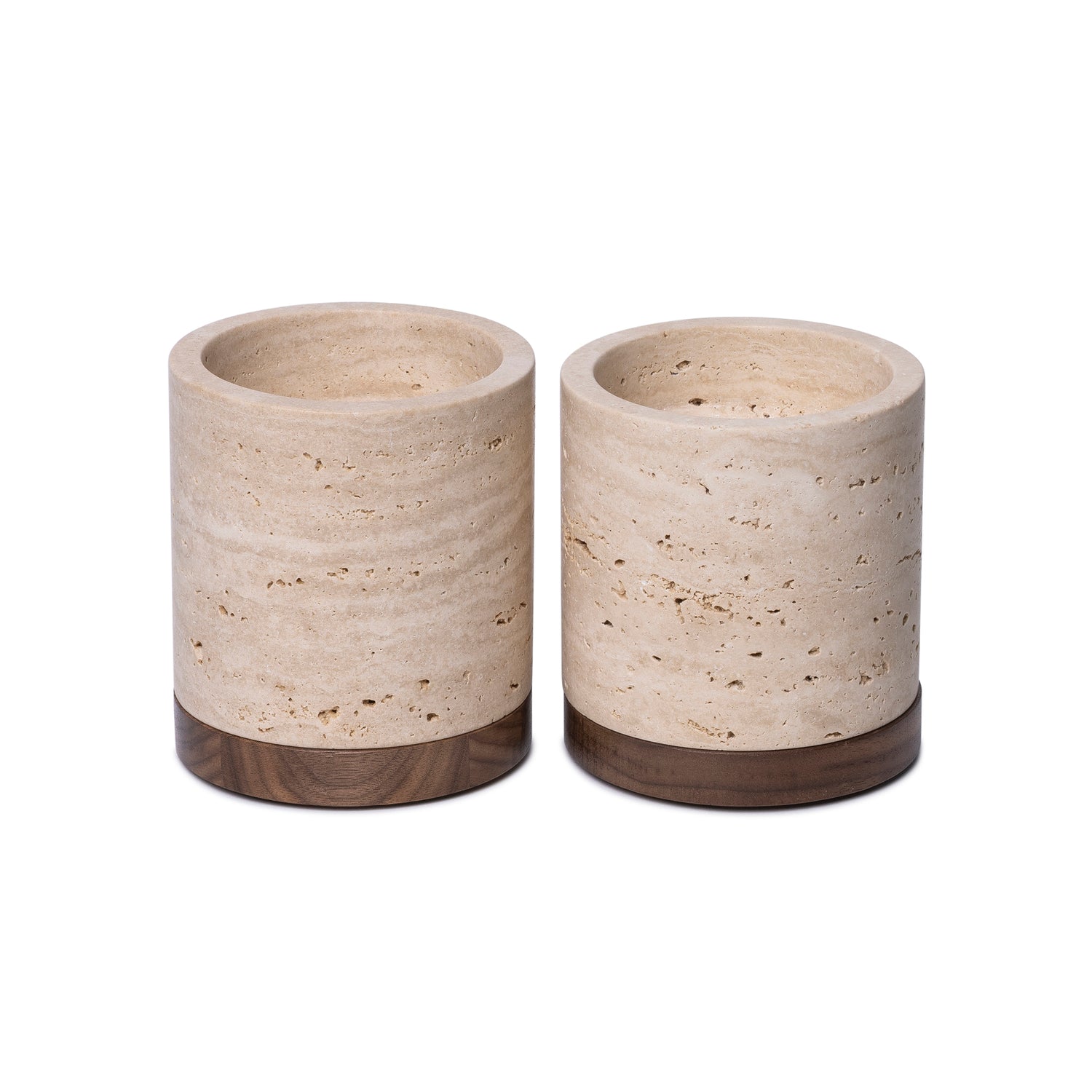 Travertine candle holder L Ø9.5x9cm incl. wooden plate