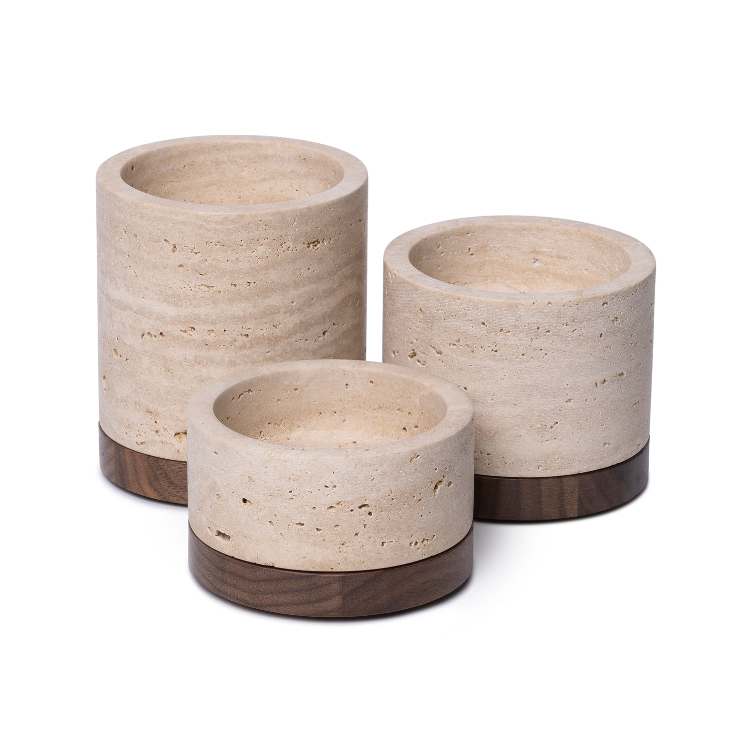 Travertine candle holder L Ø9.5x9cm incl. wooden plate