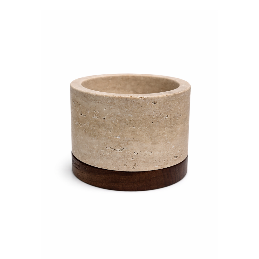 Travertine kaarshouder M Ø9,5x6,5cm incl. hout plateau