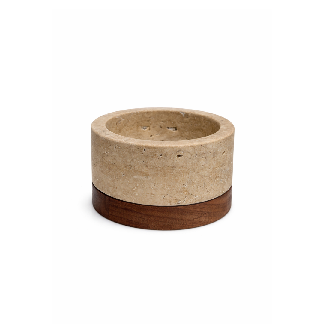 Travertine kaarshouder S Ø9,5x4cm incl. hout plateau