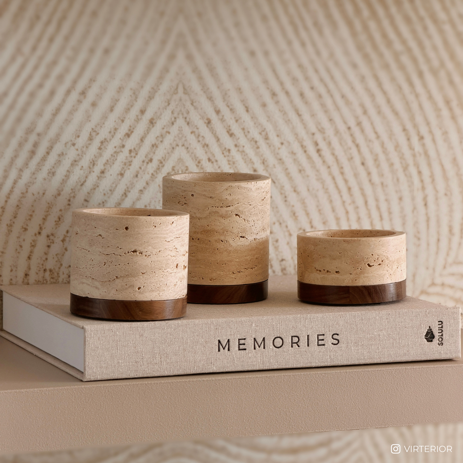 Travertine kaarshouder S Ø9,5x4cm incl. hout plateau