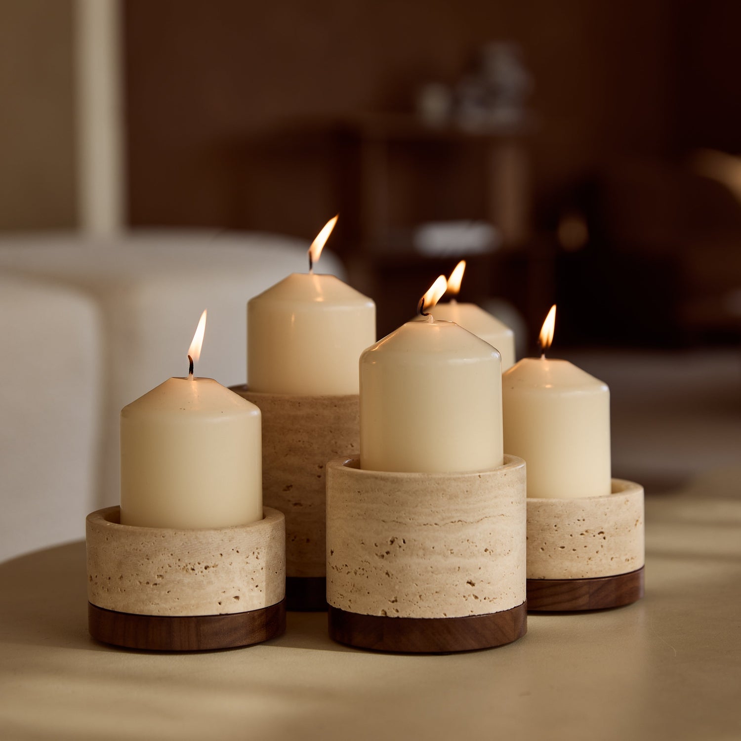 Travertine candle holder M Ø9.5x6.5cm including wooden plate